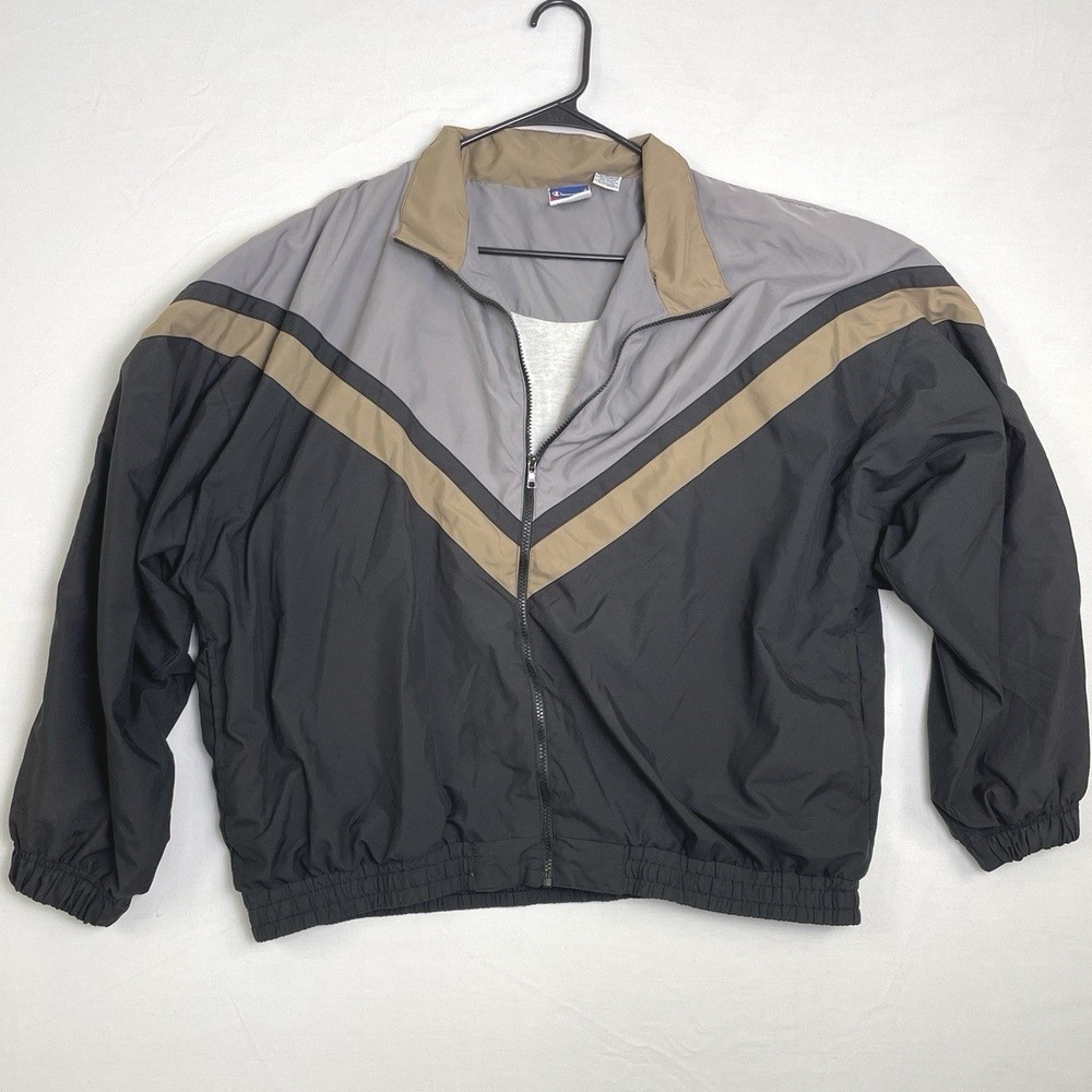 Vintage Champion Y2K Color Block Chevron Full Zip Windbreaker Jacket Black‎ XL